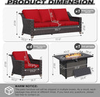 Joyside Wicker Patio Furniture Sets, 6 Pieces Upgraded Large Size Outdoor Furniture with 4 Swivel Rocking Patio Chairs, 3-Seat Sofa, Fire Table,Thick Cushions, Wide Armrest, Red