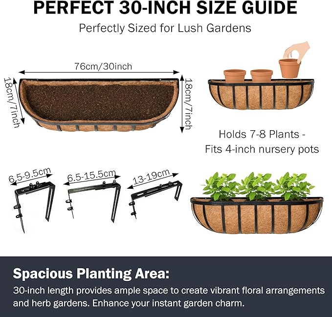 30“ Window Box Railing Planter with Coco Liner Metal Wall-Mounted Coconut Liner Planter Basket English Horse Trough Planters for Outdoor Deck Balcony Porch Fence Patio Black (2 Pack)