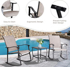 Vongrasig 3 Piece Outdoor Rocking Bistro Set, Textilene Fabric Small Patio Furniture Set, Front Porch Rocker Chairs Conversation Set with Glass Table for Lawn, Garden, Balcony, Poolside (Taupe)