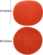 COTTON CRAFT Round Pouf - Hand Knitted Cotton Braid Cord Cable Dori Ottoman - Foot Stool Floor Pouf Footrest Accent Seat Furniture Bean Bag - Living Room Kids Room Nursery Dorm Décor - 20x14 - Orange