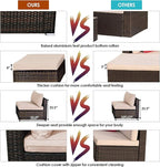 Tangkula 5 Pieces Patio Rattan Furniture Set, Outdoor Sectional Rattan Sofa Set with Back & Seat Cushions, Wicker Conversation Set with Tempered Glass Table for Backyard Porch Poolside (Brown)