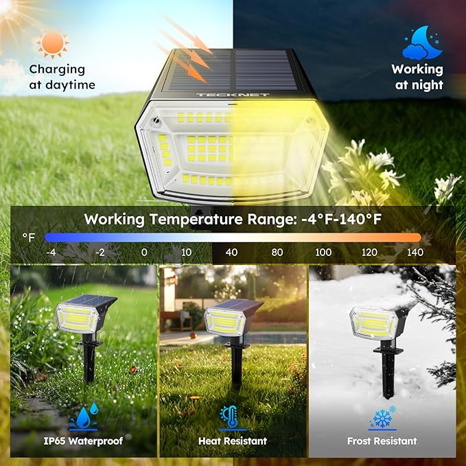 TECKNET Spot Lights Outdoor with 59 LED, 6 Pack Solar Lights Outdoor Waterproof IP65, Auto On/Off Solar Spot Lights, 3 Lighting Modes Solar Powered Garden, 2-in-1 Solars Landscape Light (Warm White)
