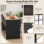 Tangkula 7 Piece Patio Wicker Bar Set, Patiojoy Outdoor Acacia Wood Bar Height Table & 6 Rattan Bar Stool Chairs with Backrest and Footrest, for Bistro Garden Balcony