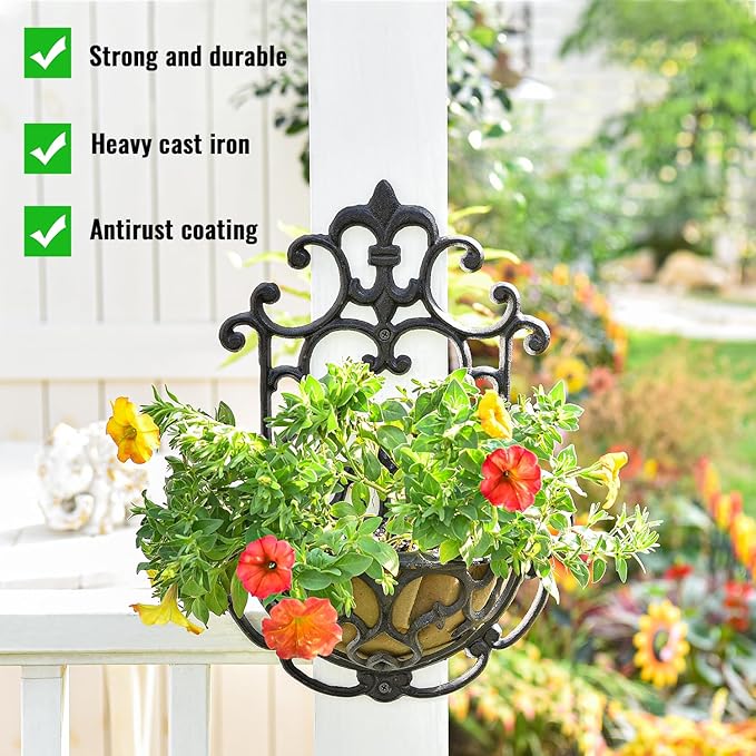 Hanging Planters, 2 Pack Cast Iron Half Round Wall Baskets, Rustic Brown