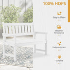 LUE BONA Outdoor Bench, 2-Person HDPS Garden Bench, Outdoor Benches Weatherproof, All-Weather Fade/Rot Resistant Patio Bench for Park, Front Porch, Backyard (White)