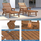 Patio Chaise Lounge Chair, Oversized Lounge Chair Outdoor with 5 Positions, HDPE, Patio Lounge Chair with Wheels & Cup Holder for Pool, Deck, Poolside,Wood