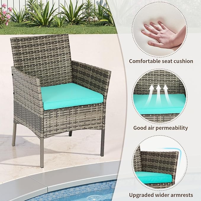 Bistro Set 4-Piece PE Rattan Patio Furniture with Loveseat, Blue Cushions