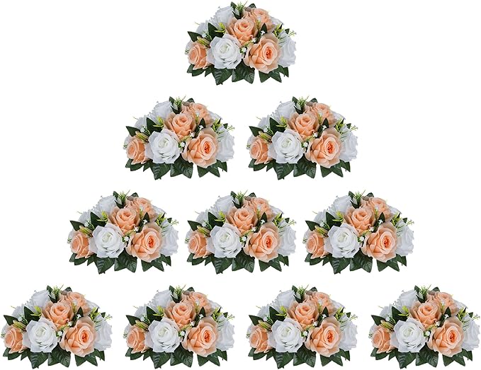 Artificial Flower Balls, Peach Fuzz & White Silk Roses, 9.5 in