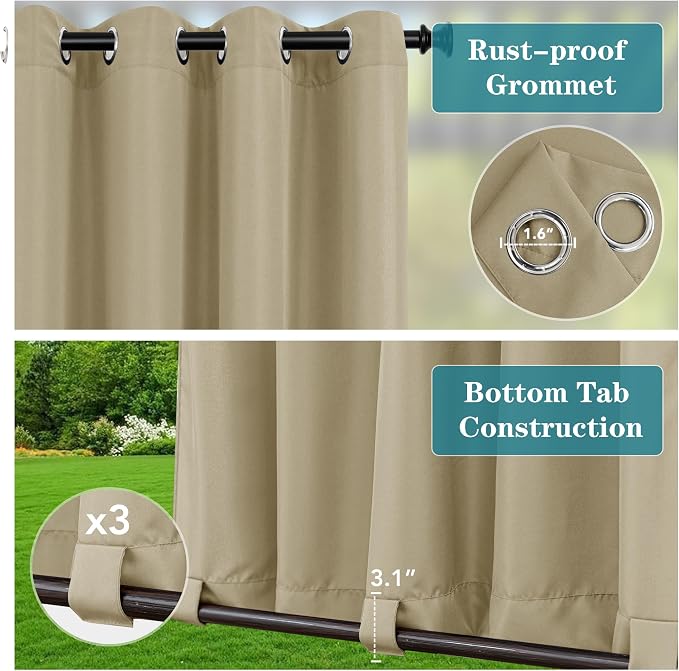 HolidayIdeas Outdoor Curtains for Patio Waterproof-4 Panels Windproof - Image 2