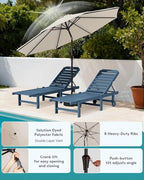 SERWALL Outdoor Chaise Lounge Set of 2 with 9FT Umbrella, HDPE Pool Lounge Chair with 5-Position Adjustable Backrest, Patio Lounger with Rolling Wheels & Cup Holder for Pool, Navy