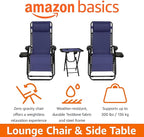 Amazon Basics Outdoor Textilene Adjustable Zero Gravity Folding Reclining Lounge Chair Set with Side Table, pack of 2, Blue