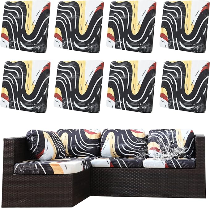 Cushion Covers, 8 Pack, Stretch Fit, Black River Pattern for Patio Seating