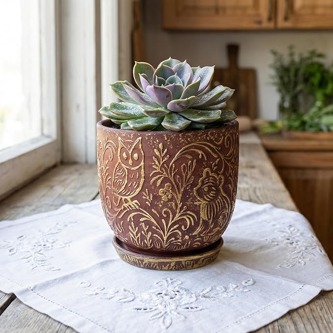 Decorative Ceramic Planter Pot with Saucer, Brown with Gold and Silver Owl Pattern, Indoor Garden Container with Drainage (G&S, 6 inch)