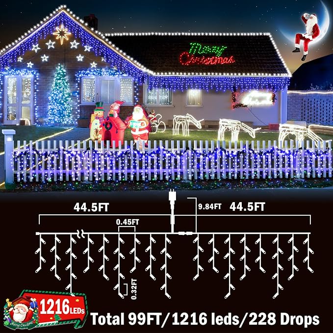 String Lights, 99 ft Outdoor LED Strand with 1216 Bulbs, Blue