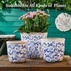 Vintage Ceramic Planter with Drainage Hole, Plastic Tray & Mesh, 6.5 Inch - Indoor/Outdoor Flower Pot, Blue Floral Rustic Farmhouse Design Plant pot for Home, Office & Garden Décor, Ideal Gift