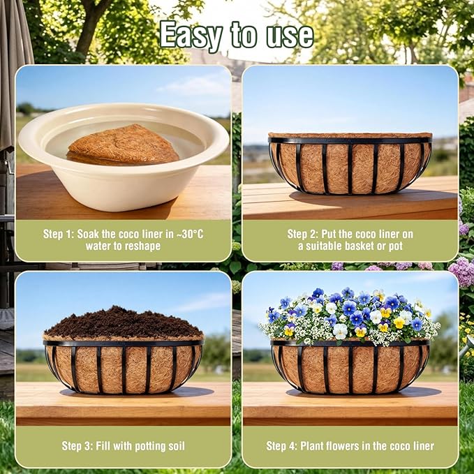 4 Pcs 36 Inch Trough Coco Liner for Window Box, 100% Natural Half Moon Coconut Coir Planter, Replaceable Coconut Fiber Liner for Window Boxes & Fence Flower Baskets (4, 36 inch)