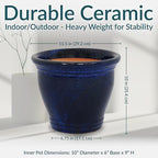 Sunnydaze Round Ceramic Planter - Set of 2 Indoor or Outdoor Plant Pots with Drainage Hole - Studio - 11" - Imperial Blue Glaze
