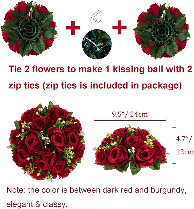 Artificial Flowers Crimson Faux Silk Rose Ball Centerpiece, Zip Ties Included