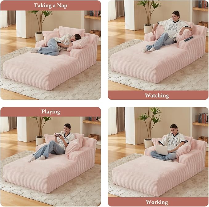 78.7" Chaise Lounge Chair Indoor, Oversized Boneless Couch Comfy Upholstered Sleeper Sofa Bed with 3 Pillows, Corduroy Cloud Reading Chair for Living Room No Assembly Required, Pink