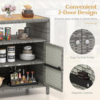 Tangkula Rattan Outdoor Storage Cabinet, Patiojoy Outdoor Cabinet with Acacia Wood Countertop, Open Compartment, 2-Door Wicker Sideboard, Outdoor Bar for Patio Garden Backyard Poolside (Mix Grey)