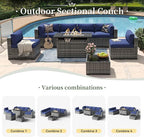 Aoxun 8 Piece Patio Furniture Set with 44” Fire Pit Table Paito Conversation Set Wicker Rattan Outdoor Sectional Sofa Set with Waterproof Cover and Thickened Cushions (Grey/Blue)