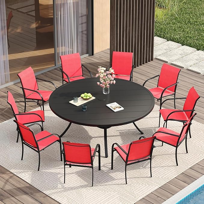 VICLLAX Large Patio Dining Furniture Set, Outdoor Dining Set for 10-60" Round Outdoor Table and Patio Stackable Chairs, Black Tabletop and Red Fabric