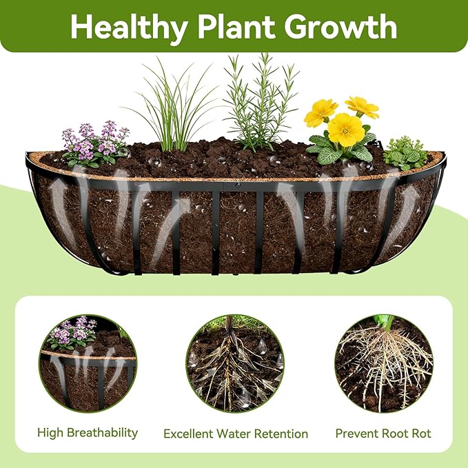 Halatool 2 Pack Heavy-Duty Metal Deck Railing Planter Box, 24 Inch Rust-Resistant Window Boxes Planters with Coco Liner & Adjustable Brackets, Grow More On Your Balcony, Patio & Fence