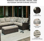Signature Design by Ashley Brook Ranch Casual Nuvella Weather Resistant Fabric Right Hand Facing Outdoor Sofa Sectional/Bench with Cushion and 6 Throw Pillows, Set of 3, Beige & Dark Brown
