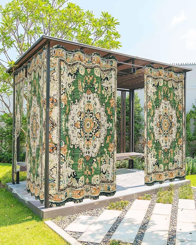 Ombre Green Boho Outdoor Curtains for Patio Waterproof, Grommet Privacy Curtain Drapes Weatherproof Outside Curtains for Porch GazeboPergola Cabana 2 Panel 54x95inch Vintage Ethnic Tribal Geometric