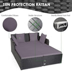 COSTWAY Outdoor Patio Rattan Daybed, Sponge Cushioned Loveseat Sofa with 4 Pillows, Wicker Furniture Sunbed for Balcony, Courtyard (Grey)