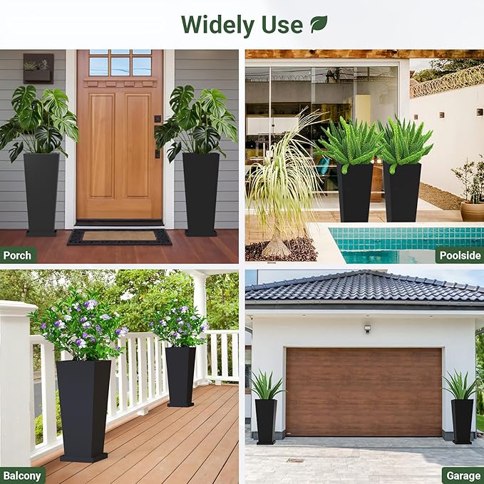 Tall Outdoor Planters Set of 2, 26 inch Tall Planters for Outdoor and Indoor, Metal Tapered Pots with Drainage Holes & Insert Shelves & Trays for Porch, Garden, Patio, Yard