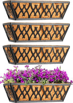 2 Pack 16 Inch Window Boxes Planters Railing Planter Box with Coco Liners Deck Railing Planter Boxes Balcony Hanging Flower Box for Outdoor Plants Garden Decor