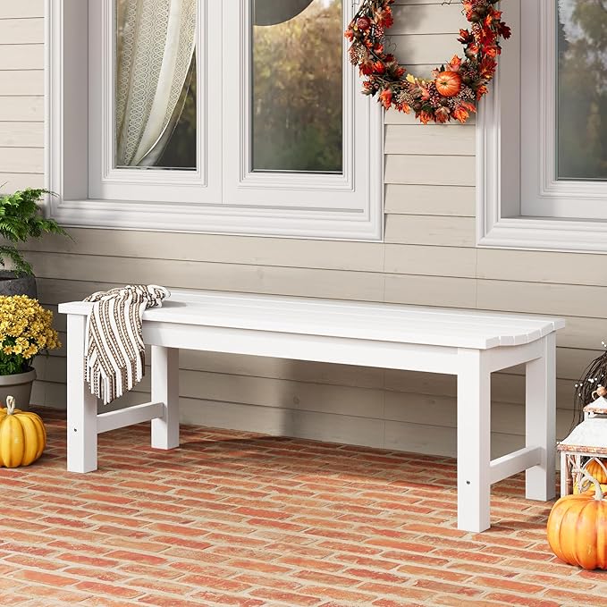 Outdoor Bench, 2-Person Patio Backless Bench Holds up to 800lbs, Weatherproof Garden Bench That Never Rot and Fade, Suit for Backyard, Porch, Patio, Deck and Entryway (White)