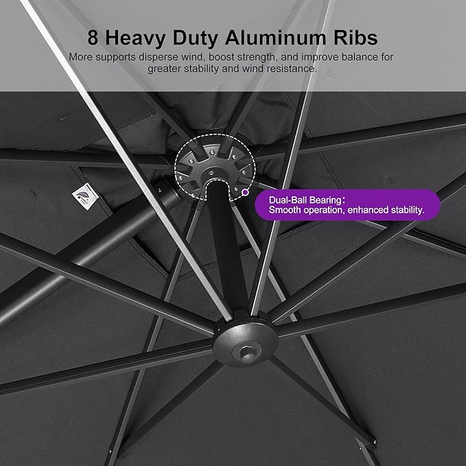 PURPLE LEAF Patio Umbrella 10' X 10' Rectangle Cantilever Umbrella Large Aluminum Outdoor Umbrellas with 360-degree Rotation & UPF40+ Premium Fabric for Deck Pool Garden Yard, Mist Grey