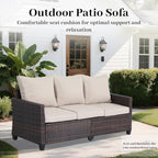 Rattan Outdoor Sofa 3-Seater - PE Woven Patio Couch with Waterproof Blue Cushions, Heavy-Duty Steel Frame for Garden, Poolside Outdoor Wicker Furniture-Beige