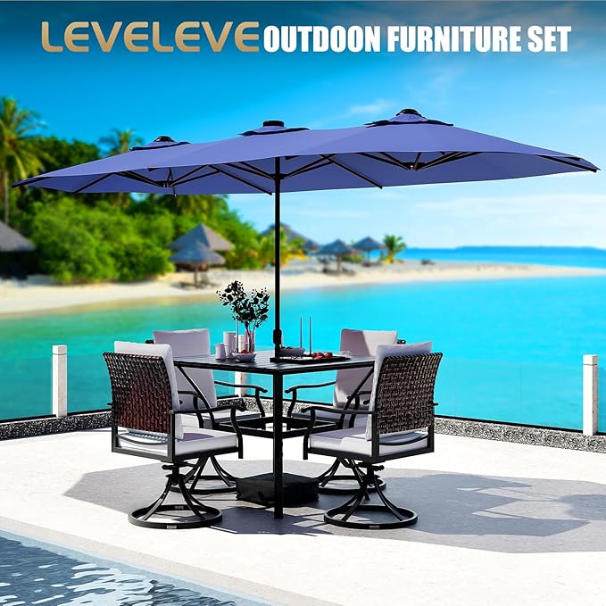 LEVELEVE 14FT Double-Sided Patio Umbrella with Base Included, Large Outdoor Rectangular Market Umbrella for Backyard, Poolside, Lawn & Garden,Blue