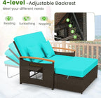 Tangkula Patio Rattan Daybed with 4-Level Adjustable Backrest, Outdoor Wicker Loveseat with Acacia Wood Armrest, Storage Ottoman & Folding Tray, Double Sunbed for Balcony, Yard & Poolside (Turquoise)