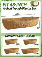 48in Arched Coco Liners for Window Planter Box - 4 Pack 100% Natural Coconut Coir Fiber Liner Replacement for Deck Flower Box, Garden Railing Fence Trough, Wall Planter Basket