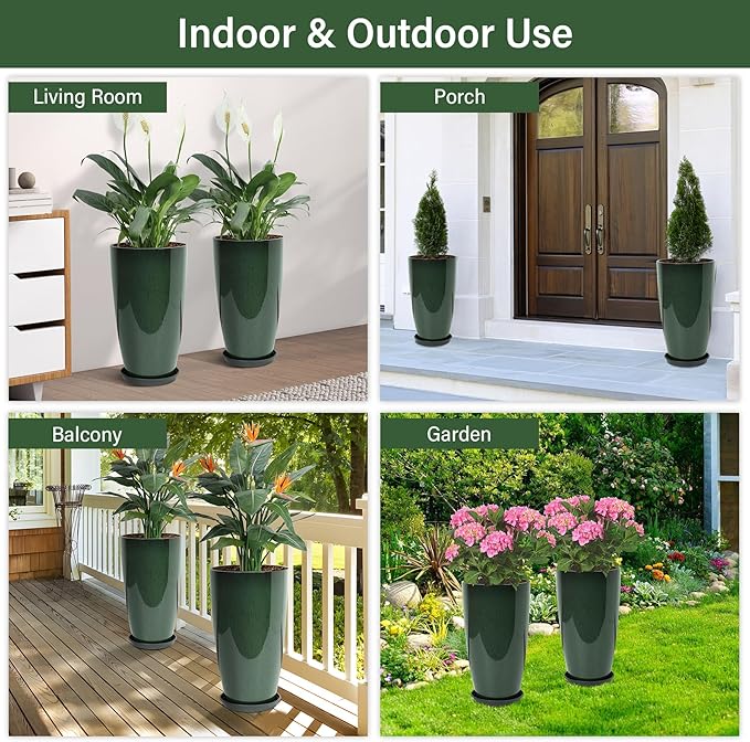 Set of 2 Lightweight Ceramic-Look Tall Planter, 21 inch Large Plastic Planter with Drain Hole & Saucers, Large Outdoor Planters for Porch, Garden, Patio, Balcony(Dark Green)