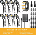 ZUCKEO All-in-One Landscape Lighting Kit, 5W LED Low Voltage Landscape Lights with Transformer and 80FT Wire, Waterproof Outdoor Spotlight with Connectors for Yard Garden House, 3000K 12-24V 8Pack