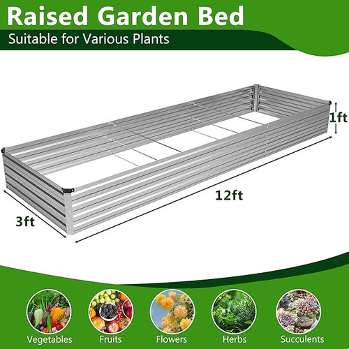 2PCS 12x3x1ft Galvanized Raised Garden Bed Kit,Metal Planter Box for Vegetables,Flowers,Herbs Durable Rust-Resistant Patio Gardening Beds,Silver