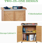 Outdoor Potting Bench with Storage Cabinet and Metal Top, Wood Workstation for Outdoor Patio, Garden (Light Brown, 31.5x17x39‘’)