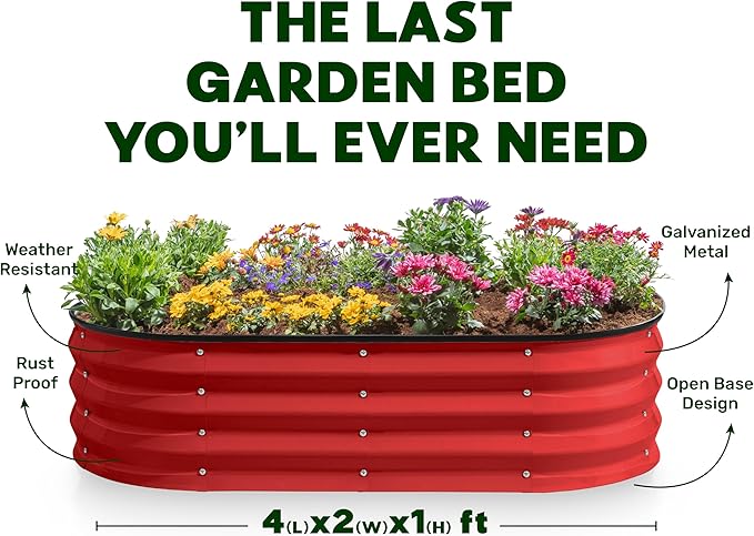 Plant & Plot Galvanized Raised Garden Beds Outdoor // 4×2×1 ft Planter Raised Beds for Gardening, Vegetables, Flowers // Large Metal Garden Box (Red)