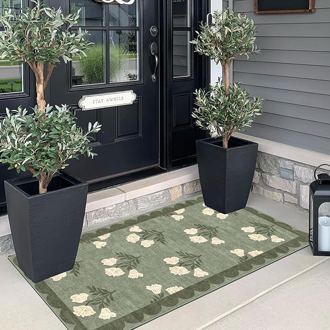 Outdoor Rug Floral Scalloped Mat, Sage Green, 2 x 4.25 ft