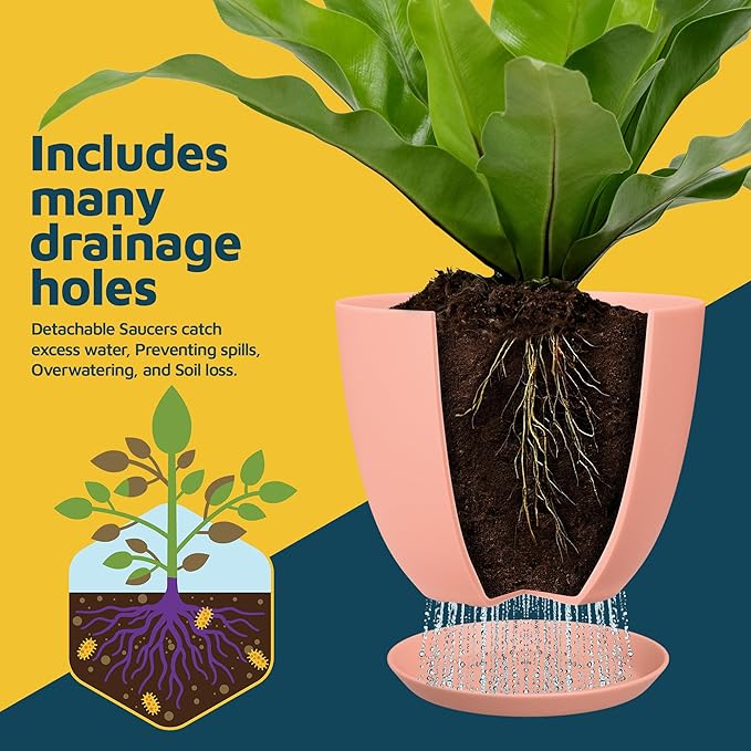 Planter Pots with Drainage Holes - Lightweight, Durable, and Space-Saving Pots for Indoor and Outdoor - Versatile Functionality, Simple Modern Design, Set of 5 Plastic Planter Pots - Pink