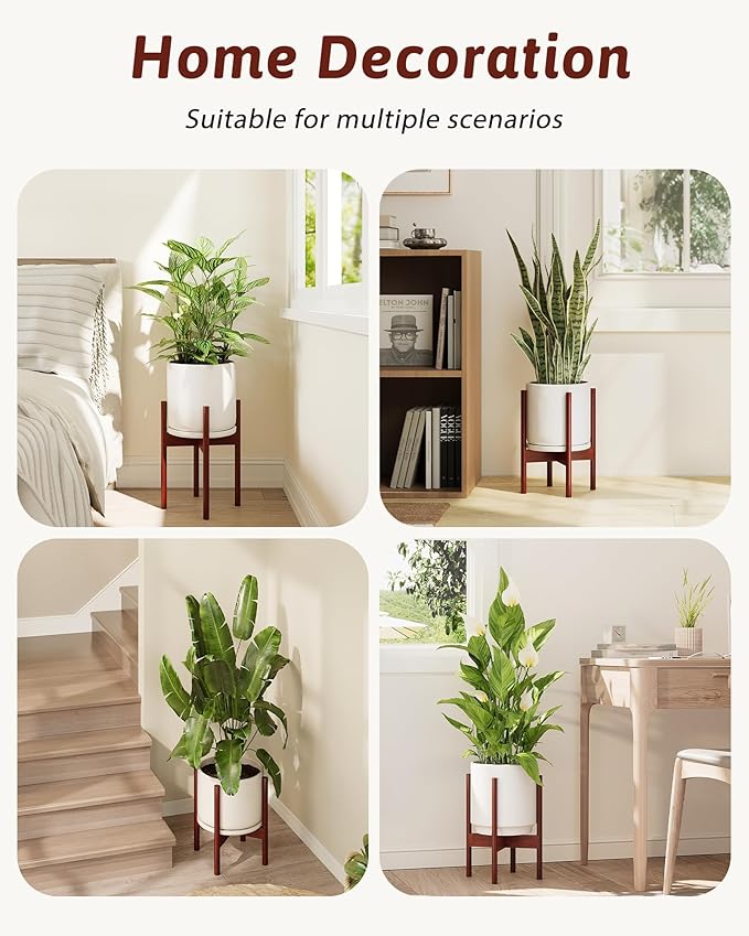 Adjustable Plant Stand Indoor, Bamboo Plant Stand Fits 8 9 10 11 12 Inches, Small Corner Planter Holder for Indoor Plants, Single Floor Plant Stands for Living Room Balcony, Reddish Brown