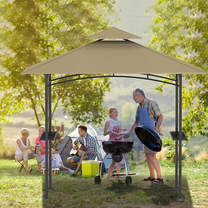 Grill Gazebo Replacement Canopy Top - AONEAR 5'x8' Outdoor BBQ Tent Roof Cover Double Tiered Outdoor Grill Shelter Fit for Model L-GG001PST-F (Khaki)