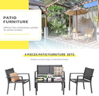 Shintenchi 4 Pieces Patio Furniture Set All Weather Textile Fabric Outdoor Conversation Set, with Glass Coffee Table, Loveseat, 2 Single Chairs for Home, Garden, Lawn, Porch（Gray）
