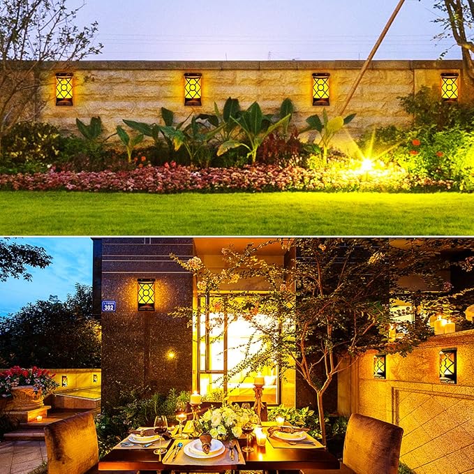 Wall Lights 6 Pack Black Solar Flame Lanterns, Waterproof Outdoor