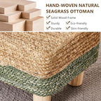 Wimarsbon Natural Seagrass Footstool Ottoman Rectangular Footrest Pouf Ottomans with Wooden Legs Hand Weave Step Stool for Living Room Bedroom Entryway Green